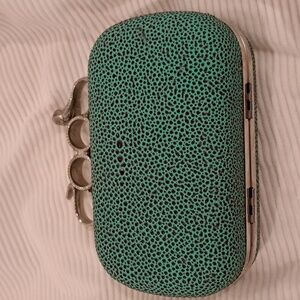 Green Textured Clutch with Ornate Silver Rhinestone Snake Clasp